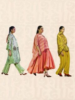 Recalling is a poetic ode to the memories of Purono Sei Diner Kotha-Tagore’s tender verses of youth, friendship, and moments long past. Eco prints capture the fading impressions of time, while soft Chanderi and silks flow like remembered afternoons. Bengali block motifs such as Gaach revive the charm of old Bengal. Each piece is a quiet act of remembrance, worn close to the heart.
#lakmefashionweek #gaach #poetryofrootandsky