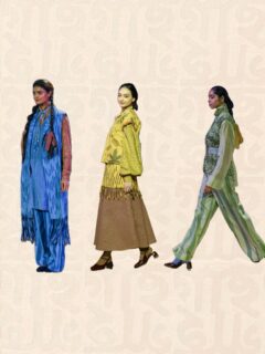 Recalling is a poetic ode to the memories of Purono Sei Diner Kotha-Tagore’s tender verses of youth, friendship, and moments long past. Eco prints capture the fading impressions of time, while soft Chanderi and silks flow like remembered afternoons. Bengali block motifs such as Gaach revive the charm of old Bengal. Each piece is a quiet act of remembrance, worn close to the heart.
Footwear- @theater.xyz